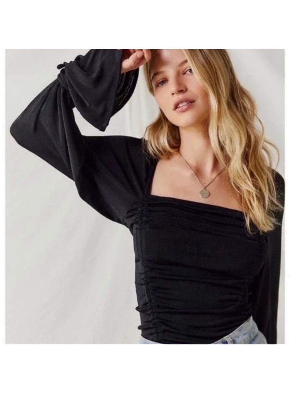 Intimately FP Black Square-Neck Ruched Long-Sleeve Top